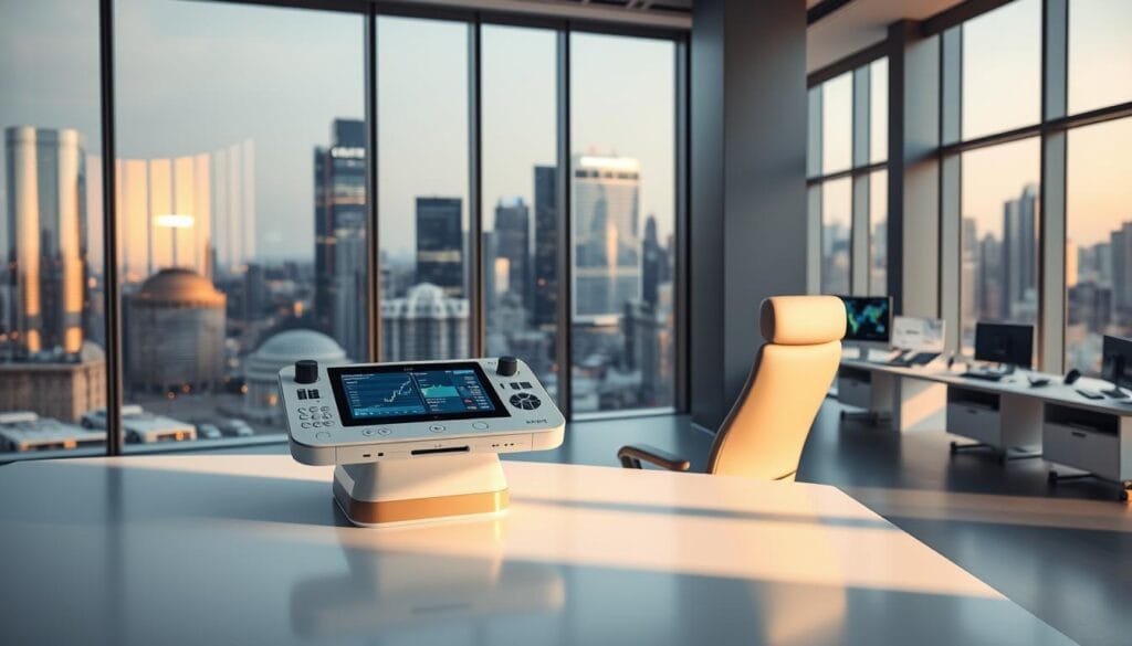 A sleek, modern office interior with floor-to-ceiling windows overlooking a bustling city skyline. In the foreground, a minimalist robo-advisor console with a holographic display, touchscreen controls, and an array of sensors. The console is positioned on a clean, white desk, bathed in warm, indirect lighting. In the middle ground, a stylish, high-back chair invites the user to sit and interact with the robo-advisor. The background reveals a spacious, open-plan workspace populated by various digital devices and screens, all seamlessly integrated to showcase the robo-advisor's advanced capabilities in financial planning, portfolio management, and client communication.