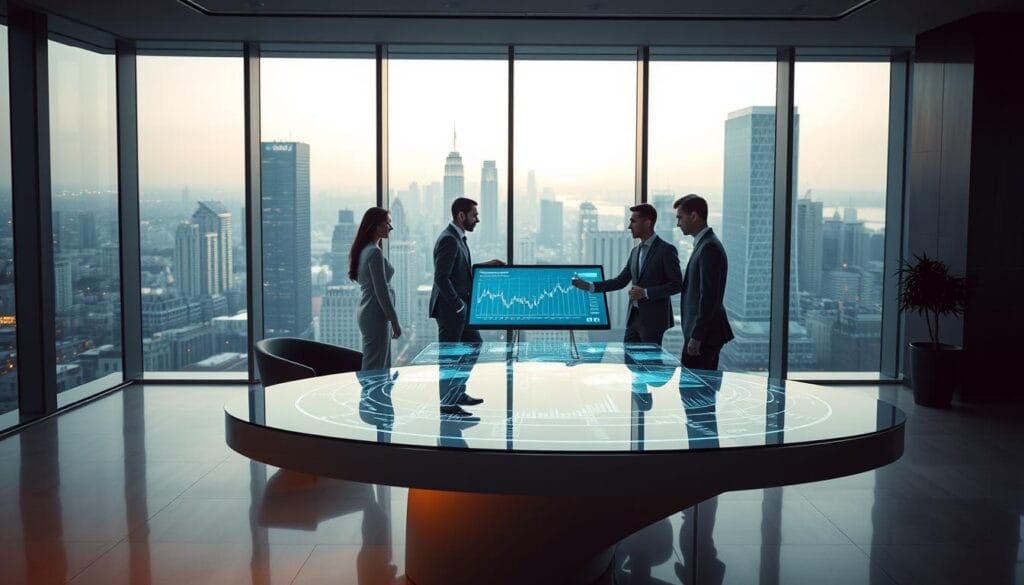 A sleek, modern office interior with floor-to-ceiling windows overlooking a bustling cityscape. In the foreground, a stylish, minimalist workspace with a curved glass desk and a holograhic display projecting dynamic financial data. In the middle ground, a team of young, smartly-dressed professionals collaborate around a large interactive touchscreen, analyzing charts and graphs. In the background, the skyline glitters with the lights of skyscrapers, conveying a sense of energy and innovation. Soft, ambient lighting illuminates the scene, creating a calm, professional atmosphere. The overall impression is one of cutting-edge technology seamlessly integrated with human expertise, shaping the future of personalized wealth management. A sleek, modern office interior with floor-to-ceiling windows overlooking a bustling cityscape. In the foreground, a stylish, minimalist workspace with a curved glass desk and a holograhic display projecting dynamic financial data. In the middle ground, a team of young, smartly-dressed professionals collaborate around a large interactive touchscreen, analyzing charts and graphs. In the background, the skyline glitters with the lights of skyscrapers, conveying a sense of energy and innovation. Soft, ambient lighting illuminates the scene, creating a calm, professional atmosphere. The overall impression is one of cutting-edge technology seamlessly integrated with human expertise, shaping the future of personalized wealth management.