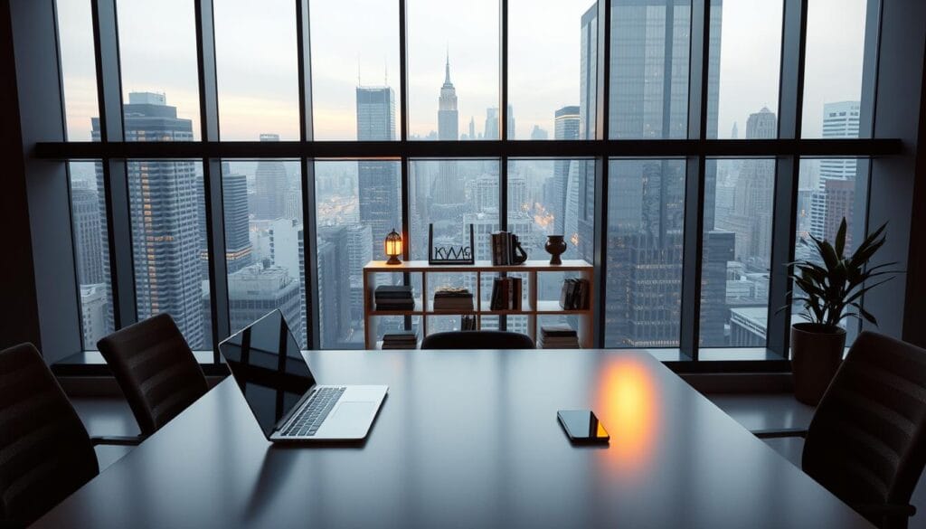 A sleek, modern office interior with floor-to-ceiling windows overlooking a bustling cityscape. In the foreground, a desk with a laptop, tablet, and smartphone arranged neatly, representing the latest personal finance apps. The lighting is warm and inviting, casting a soft glow over the scene. The middle ground features a minimalist bookshelf with finance-related books and accents, conveying a sense of professionalism and expertise. In the background, the cityscape is rendered in muted tones, creating a sense of urban tranquility. The overall atmosphere is one of security, technology, and financial wellness.