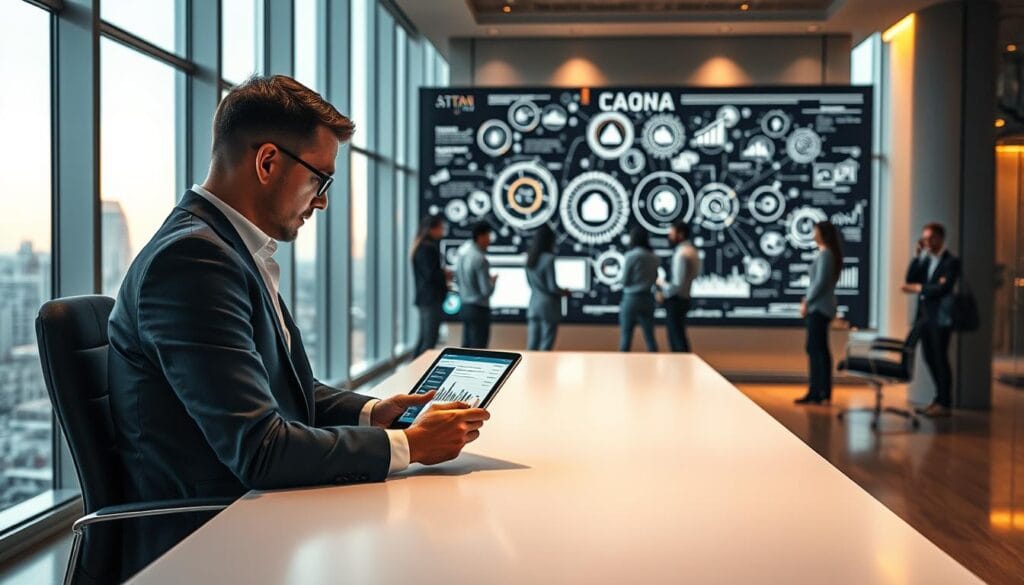 A sleek, modern office interior with floor-to-ceiling windows overlooking a bustling cityscape. In the foreground, a well-dressed financial advisor sits at a minimalist desk, intently studying a tablet displaying personalized financial data and recommendations. The middle ground features a team of analysts collaborating around a large interactive display, visualizing complex algorithms and AI-driven insights. The background is bathed in warm, indirect lighting, creating a sense of productivity and innovation. The overall atmosphere conveys the power of AI-powered fintech solutions to provide tailored guidance and empower individuals to manage their financial futures. A sleek, modern office interior with floor-to-ceiling windows overlooking a bustling cityscape. In the foreground, a well-dressed financial advisor sits at a minimalist desk, intently studying a tablet displaying personalized financial data and recommendations. The middle ground features a team of analysts collaborating around a large interactive display, visualizing complex algorithms and AI-driven insights. The background is bathed in warm, indirect lighting, creating a sense of productivity and innovation. The overall atmosphere conveys the power of AI-powered fintech solutions to provide tailored guidance and empower individuals to manage their financial futures.