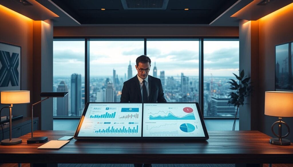 A sleek, modern office interior with floor-to-ceiling windows overlooking a bustling cityscape. In the foreground, a wooden desk with a high-resolution display showcasing an array of financial charts and graphs, powered by an advanced AI system. Ambient lighting from desk lamps casts a warm glow, and the walls are adorned with minimalist artwork. In the middle ground, a well-dressed business professional intently studying the data, their face illuminated by the screen's glow. The background features the distant city skyline, with skyscrapers and cranes punctuating the horizon, symbolizing the growth and progress enabled by AI-driven financial forecasting.