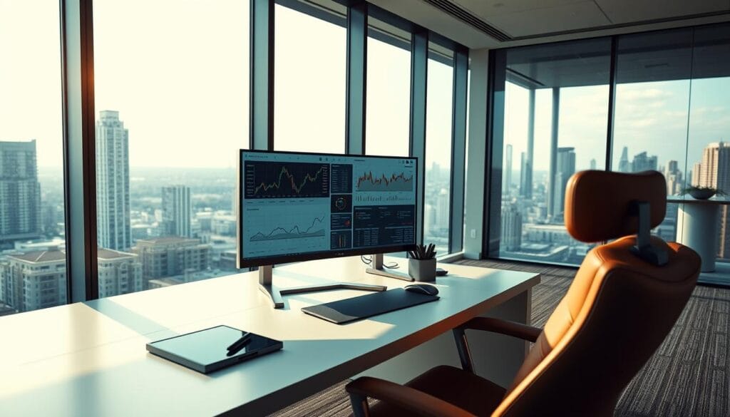 A sleek, modern office interior with floor-to-ceiling windows overlooking a cityscape. In the foreground, a minimalist desk with a dual-monitor computer setup, displaying a dynamic financial dashboard with charts, graphs, and real-time market data. The desk is neatly organized, with a tablet and a few carefully placed office supplies. The middle ground features a comfortable leather chair, its position angled towards the screens, conveying a sense of focused, efficient portfolio management. The background showcases the bustling city outside, hinting at the broader financial landscape in which the robo-advisor operates. The lighting is warm and inviting, creating a professional yet approachable atmosphere. A sleek, modern office interior with floor-to-ceiling windows overlooking a cityscape. In the foreground, a minimalist desk with a dual-monitor computer setup, displaying a dynamic financial dashboard with charts, graphs, and real-time market data. The desk is neatly organized, with a tablet and a few carefully placed office supplies. The middle ground features a comfortable leather chair, its position angled towards the screens, conveying a sense of focused, efficient portfolio management. The background showcases the bustling city outside, hinting at the broader financial landscape in which the robo-advisor operates. The lighting is warm and inviting, creating a professional yet approachable atmosphere.