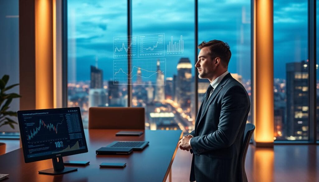A sleek, modern office interior with floor-to-ceiling windows showcasing a stunning cityscape in the background. In the foreground, a stylish desk with a high-resolution display showing complex financial data visualizations and charts. Hovering above the desk, a holographic AI assistant offers real-time insights and recommendations to a well-dressed financial analyst, their face illuminated by the soft glow of the display. The lighting is warm and diffused, creating a sophisticated and productive atmosphere. The scene conveys the seamless integration of advanced AI technology into the daily operations of a cutting-edge financial services firm.