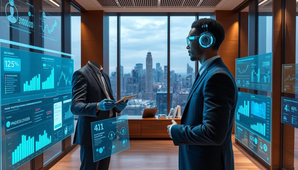 A sleek, modern office interior with large windows, filled with holographic displays, virtual assistants, and interactive financial data visualizations. In the foreground, a well-dressed AI financial advisor animatedly guides a client through personalized investment strategies and budgeting tools. The middle ground showcases cutting-edge portfolio management software, predictive analytics, and automated financial planning algorithms. In the background, a panoramic city skyline reflects the future of AI-powered financial empowerment and literacy. Dramatic lighting emphasizes the high-tech atmosphere, with cool blue and teal tones complementing the warm wood accents. The scene conveys a sense of innovation, efficiency, and personalized financial guidance through the seamless integration of artificial intelligence.