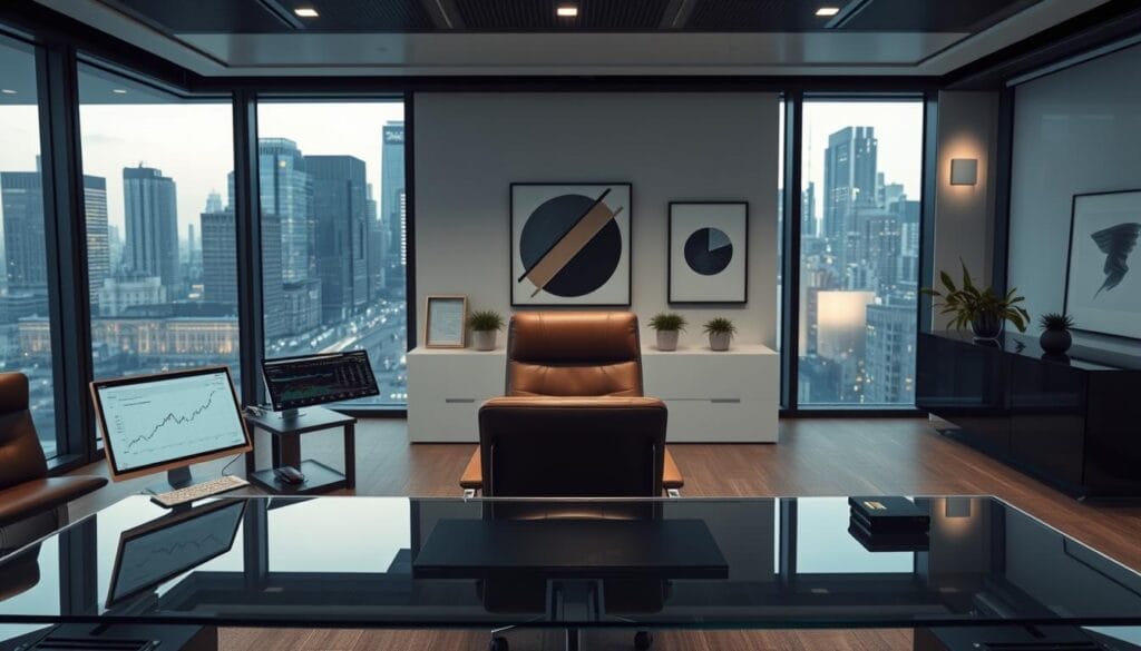 A sleek, modern office interior with large windows overlooking a bustling city skyline. In the foreground, an elegant glass-topped desk displays a variety of high-tech devices and screens, showcasing different AI-powered portfolio optimization tools. Soft, directional lighting illuminates the scene, creating a professional and sophisticated atmosphere. In the middle ground, a leather executive chair sits poised, ready for the user to dive into the powerful analytical capabilities of the financial AI software. The background features minimalist decor elements, such as abstract wall art and potted plants, complementing the clean, contemporary design. The overall mood conveys a sense of technological innovation, financial expertise, and confident decision-making. A sleek, modern office interior with large windows overlooking a bustling city skyline. In the foreground, an elegant glass-topped desk displays a variety of high-tech devices and screens, showcasing different AI-powered portfolio optimization tools. Soft, directional lighting illuminates the scene, creating a professional and sophisticated atmosphere. In the middle ground, a leather executive chair sits poised, ready for the user to dive into the powerful analytical capabilities of the financial AI software. The background features minimalist decor elements, such as abstract wall art and potted plants, complementing the clean, contemporary design. The overall mood conveys a sense of technological innovation, financial expertise, and confident decision-making.