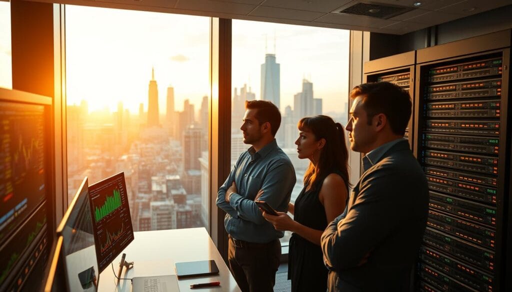 A sleek, modern office interior with large windows overlooking a bustling financial district. In the foreground, a team of financial analysts pore over data visualizations and algorithms on a series of high-resolution displays, their expressions focused and intense. In the middle ground, an array of server racks hum with the processing power of advanced machine learning models, their LED indicator lights flickering in a mesmerizing rhythm. The background is filled with the cityscape beyond, skyscrapers and bridges cast in a warm, golden light from the setting sun, creating an atmosphere of innovation, technology, and the future of finance. A sleek, modern office interior with large windows overlooking a bustling financial district. In the foreground, a team of financial analysts pore over data visualizations and algorithms on a series of high-resolution displays, their expressions focused and intense. In the middle ground, an array of server racks hum with the processing power of advanced machine learning models, their LED indicator lights flickering in a mesmerizing rhythm. The background is filled with the cityscape beyond, skyscrapers and bridges cast in a warm, golden light from the setting sun, creating an atmosphere of innovation, technology, and the future of finance.