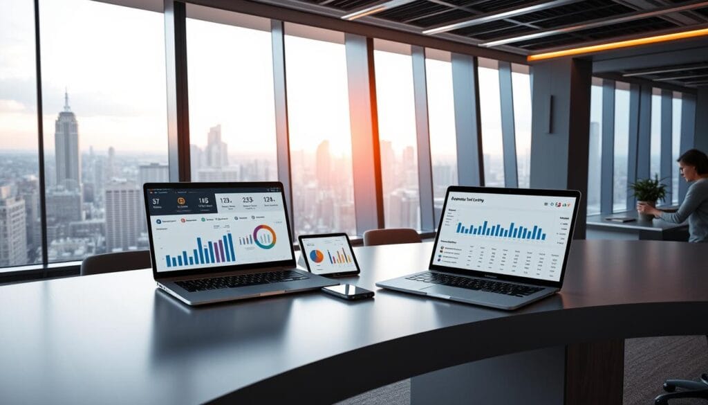 A sleek, modern office setting with a large, curved desk in the foreground. On the desk, an open laptop displaying various expense tracking metrics and visualizations, including pie charts, bar graphs, and transaction logs. In the middle ground, various smart devices like a tablet and smartphone, all synced to the expense tracking app. The background features expansive floor-to-ceiling windows overlooking a vibrant cityscape, bathed in warm, directional lighting that casts subtle shadows. The overall atmosphere conveys a sense of productivity, organization, and technological sophistication. A sleek, modern office setting with a large, curved desk in the foreground. On the desk, an open laptop displaying various expense tracking metrics and visualizations, including pie charts, bar graphs, and transaction logs. In the middle ground, various smart devices like a tablet and smartphone, all synced to the expense tracking app. The background features expansive floor-to-ceiling windows overlooking a vibrant cityscape, bathed in warm, directional lighting that casts subtle shadows. The overall atmosphere conveys a sense of productivity, organization, and technological sophistication.
