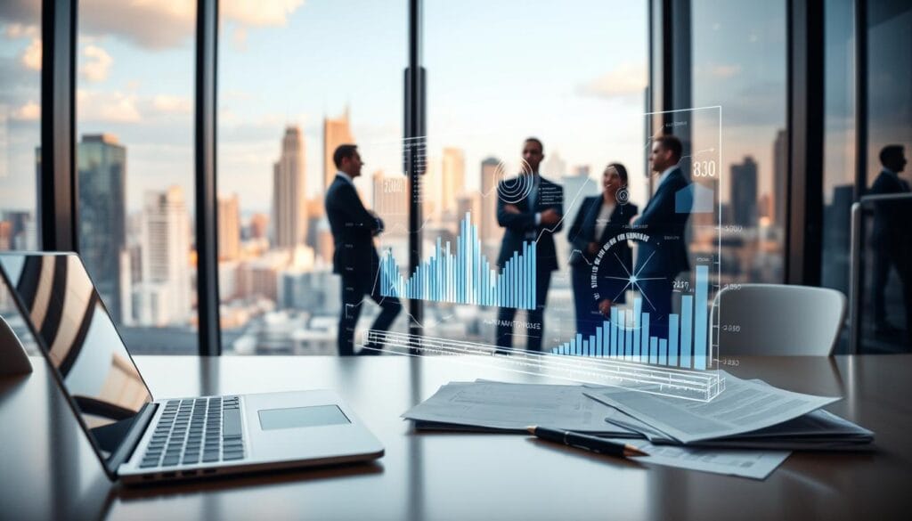 A sleek, modern office setting with a large, curved glass window overlooking a bustling city skyline. In the foreground, a desk with a laptop, pen, and various financial documents, symbolizing the evolution of lending. The middle ground features a holographic display projecting dynamic graphs and charts, showcasing the automation and AI-powered analytics that are transforming the lending industry. In the background, a team of professionals in business attire collaborate, their movements reflected in the glass, creating an atmosphere of progress and innovation. The lighting is soft and warm, evoking a sense of productivity and technological advancement. A sleek, modern office setting with a large, curved glass window overlooking a bustling city skyline. In the foreground, a desk with a laptop, pen, and various financial documents, symbolizing the evolution of lending. The middle ground features a holographic display projecting dynamic graphs and charts, showcasing the automation and AI-powered analytics that are transforming the lending industry. In the background, a team of professionals in business attire collaborate, their movements reflected in the glass, creating an atmosphere of progress and innovation. The lighting is soft and warm, evoking a sense of productivity and technological advancement.