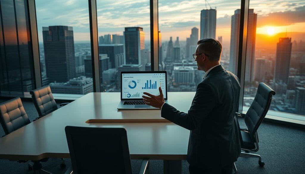 A sleek, modern office setting with a large desk and ergonomic chairs. On the desk, a laptop displays a financial dashboard, with charts, graphs, and AI-generated insights. In the foreground, a person in a suit is gesturing towards the screen, deep in thought. Behind them, the window reveals a bustling cityscape, with skyscrapers and a setting sun casting a warm, golden glow. The room is well-lit, with subtle ambient lighting and a sense of professionalism and technology. The overall mood is one of thoughtful contemplation and the integration of AI-driven financial planning into traditional processes. A sleek, modern office setting with a large desk and ergonomic chairs. On the desk, a laptop displays a financial dashboard, with charts, graphs, and AI-generated insights. In the foreground, a person in a suit is gesturing towards the screen, deep in thought. Behind them, the window reveals a bustling cityscape, with skyscrapers and a setting sun casting a warm, golden glow. The room is well-lit, with subtle ambient lighting and a sense of professionalism and technology. The overall mood is one of thoughtful contemplation and the integration of AI-driven financial planning into traditional processes.
