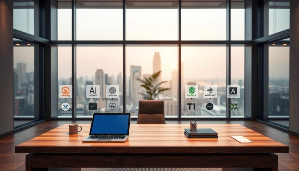 A sleek, modern office setting with a large floor-to-ceiling window overlooking a city skyline. In the foreground, a sophisticated-looking wooden desk with a laptop, tablet, and a few minimalist accessories. On the desk, various AI platform icons and logos are displayed, suggesting the user is evaluating different AI-powered portfolio rebalancing options. The middle ground features a comfortable office chair and a plant, creating a sense of balance and professionalism. The background is softly lit, with warm lighting and a slightly blurred cityscape visible through the window, evoking a sense of urban technology and progress. A sleek, modern office setting with a large floor-to-ceiling window overlooking a city skyline. In the foreground, a sophisticated-looking wooden desk with a laptop, tablet, and a few minimalist accessories. On the desk, various AI platform icons and logos are displayed, suggesting the user is evaluating different AI-powered portfolio rebalancing options. The middle ground features a comfortable office chair and a plant, creating a sense of balance and professionalism. The background is softly lit, with warm lighting and a slightly blurred cityscape visible through the window, evoking a sense of urban technology and progress.