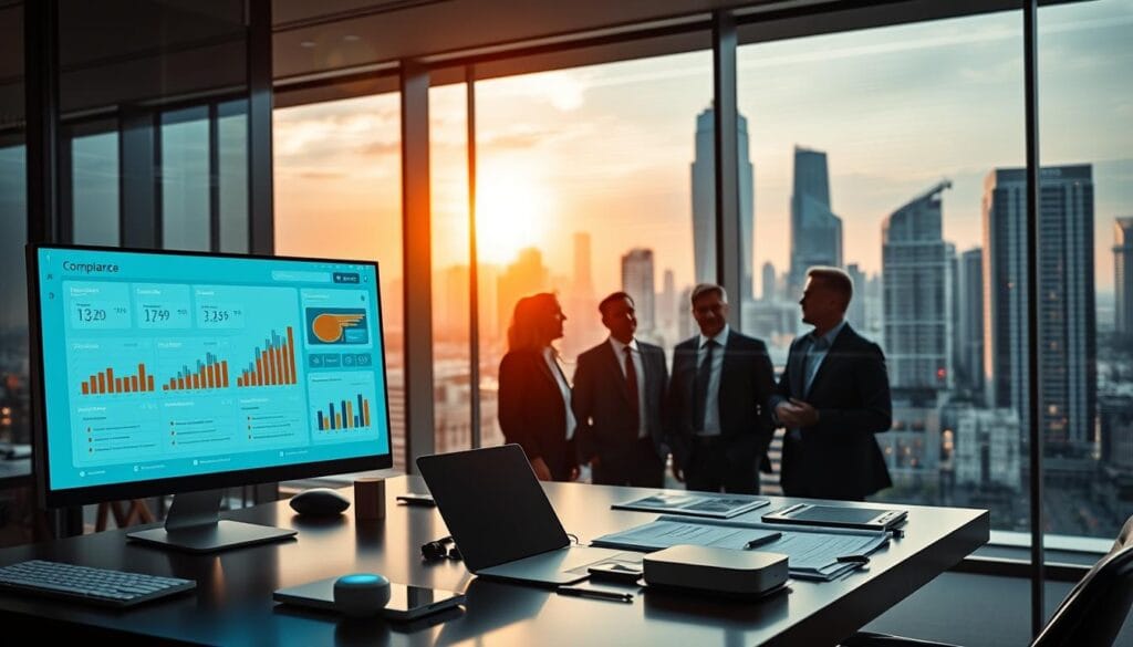 A sleek, modern office setting with a large glass window overlooking a bustling city skyline. In the foreground, a stylish desk with a laptop, financial reports, and a display screen showcasing various compliance metrics and analytics. On the desk, a carefully arranged array of smart devices, including a tablet and a voice-activated assistant. The lighting is soft and warm, creating a professional and authoritative atmosphere. In the middle ground, a team of well-dressed financial advisors engaged in a discussion, their expressions serious as they navigate the complexities of regulatory compliance. The background features a sophisticated, AI-powered dashboard, projecting holographic visualizations of financial data and regulatory guidelines. The overall scene conveys a sense of technological integration, strategic decision-making, and adherence to a robust regulatory framework within the financial services industry. A sleek, modern office setting with a large glass window overlooking a bustling city skyline. In the foreground, a stylish desk with a laptop, financial reports, and a display screen showcasing various compliance metrics and analytics. On the desk, a carefully arranged array of smart devices, including a tablet and a voice-activated assistant. The lighting is soft and warm, creating a professional and authoritative atmosphere. In the middle ground, a team of well-dressed financial advisors engaged in a discussion, their expressions serious as they navigate the complexities of regulatory compliance. The background features a sophisticated, AI-powered dashboard, projecting holographic visualizations of financial data and regulatory guidelines. The overall scene conveys a sense of technological integration, strategic decision-making, and adherence to a robust regulatory framework within the financial services industry.