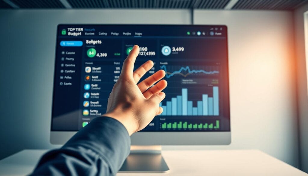 A sleek, modern office setting with a large, secure computer display showcasing the interface of a top-tier budgeting app. In the foreground, a hand hovers over the screen, navigating menus and reviewing financial data with intense focus. Soft, ambient lighting casts a warm glow, creating a sense of trust and reliability. The background is minimalist, with subtle hints of technology - circuits, data streams, and encryption symbols - conveying the app's robust security features. The overall atmosphere is one of confidence, control, and the seamless integration of financial management and digital protection. A sleek, modern office setting with a large, secure computer display showcasing the interface of a top-tier budgeting app. In the foreground, a hand hovers over the screen, navigating menus and reviewing financial data with intense focus. Soft, ambient lighting casts a warm glow, creating a sense of trust and reliability. The background is minimalist, with subtle hints of technology - circuits, data streams, and encryption symbols - conveying the app's robust security features. The overall atmosphere is one of confidence, control, and the seamless integration of financial management and digital protection.