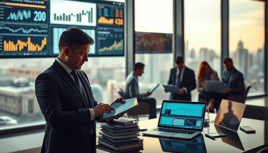 A sleek, modern office setting with a large wall-mounted display showcasing financial data and analytics. In the foreground, a businessperson carefully examining a tablet, deep in thought, surrounded by stacks of reports and documents. The lighting is warm and focused, creating a contemplative atmosphere. In the middle ground, a team of analysts collaborates, discussing risk management strategies as they review complex charts and graphs on their laptop screens. The background features floor-to-ceiling windows overlooking a bustling cityscape, symbolizing the high-stakes world of financial analysis. The scene conveys a sense of deliberation, expertise, and the critical role of risk management in data-driven decision making. A sleek, modern office setting with a large wall-mounted display showcasing financial data and analytics. In the foreground, a businessperson carefully examining a tablet, deep in thought, surrounded by stacks of reports and documents. The lighting is warm and focused, creating a contemplative atmosphere. In the middle ground, a team of analysts collaborates, discussing risk management strategies as they review complex charts and graphs on their laptop screens. The background features floor-to-ceiling windows overlooking a bustling cityscape, symbolizing the high-stakes world of financial analysis. The scene conveys a sense of deliberation, expertise, and the critical role of risk management in data-driven decision making.