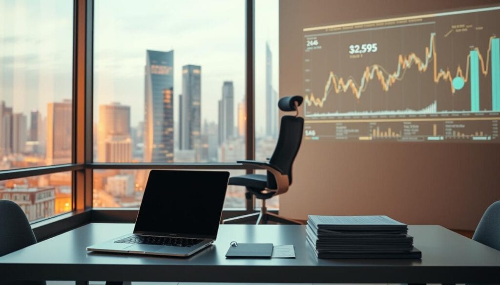 A sleek, modern office setting with a large window offering a cityscape view, bathed in warm, diffused lighting. In the foreground, a minimalist desk with a laptop, a tablet, and a few carefully placed financial documents. In the middle ground, a tall, rotating office chair, suggesting the presence of a financial advisor or wealth manager. The background features abstract data visualizations and financial charts projected onto the wall, creating an atmosphere of technological sophistication and data-driven decision making. The overall mood is one of efficiency, professionalism, and a forward-thinking approach to financial management. A sleek, modern office setting with a large window offering a cityscape view, bathed in warm, diffused lighting. In the foreground, a minimalist desk with a laptop, a tablet, and a few carefully placed financial documents. In the middle ground, a tall, rotating office chair, suggesting the presence of a financial advisor or wealth manager. The background features abstract data visualizations and financial charts projected onto the wall, creating an atmosphere of technological sophistication and data-driven decision making. The overall mood is one of efficiency, professionalism, and a forward-thinking approach to financial management.