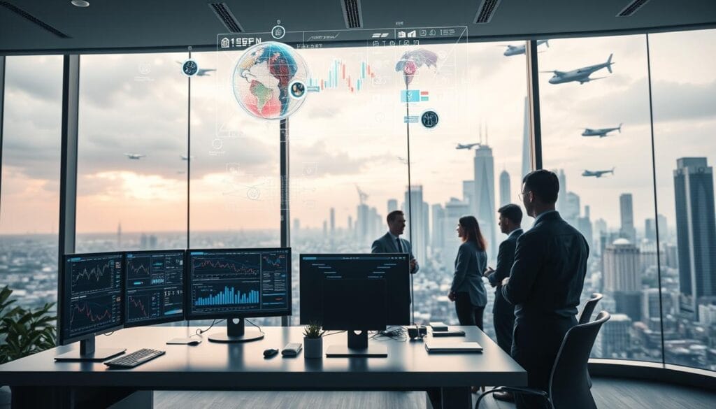 A sleek, modern office setting with a large window overlooking a bustling cityscape. In the foreground, a desk with multiple computer screens displaying intricate financial charts, algorithms, and data visualizations. Holograms and 3D projections hover above the desk, showcasing real-time portfolio management analytics. The middle ground features a team of finance professionals collaborating, discussing investment strategies, and monitoring the algorithmic systems. Soft, indirect lighting casts a warm, productive atmosphere. The background reveals a futuristic skyline with skyscrapers and flying vehicles, representing the advanced technological landscape of the financial industry. A sleek, modern office setting with a large window overlooking a bustling cityscape. In the foreground, a desk with multiple computer screens displaying intricate financial charts, algorithms, and data visualizations. Holograms and 3D projections hover above the desk, showcasing real-time portfolio management analytics. The middle ground features a team of finance professionals collaborating, discussing investment strategies, and monitoring the algorithmic systems. Soft, indirect lighting casts a warm, productive atmosphere. The background reveals a futuristic skyline with skyscrapers and flying vehicles, representing the advanced technological landscape of the financial industry.
