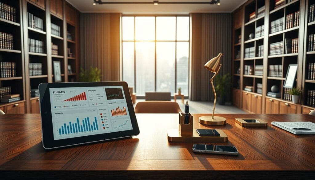 A sleek, modern office setting with a large, wooden desk showcasing an array of financial management tools. In the foreground, a high-resolution tablet displays a polished dashboard with interactive graphs, charts, and analytics. Beside it, a precision-engineered brass desk organizer holds a fountain pen, a geometric desk lamp, and a minimalist smartphone. In the middle ground, a panoramic window offers a cityscape view, with sunlight streaming in and casting a warm, ambient glow. The background features bookshelves filled with leather-bound volumes and tasteful decor, creating an atmosphere of sophisticated productivity. The overall scene conveys a sense of efficiency, organization, and the seamless integration of technology into modern financial management. A sleek, modern office setting with a large, wooden desk showcasing an array of financial management tools. In the foreground, a high-resolution tablet displays a polished dashboard with interactive graphs, charts, and analytics. Beside it, a precision-engineered brass desk organizer holds a fountain pen, a geometric desk lamp, and a minimalist smartphone. In the middle ground, a panoramic window offers a cityscape view, with sunlight streaming in and casting a warm, ambient glow. The background features bookshelves filled with leather-bound volumes and tasteful decor, creating an atmosphere of sophisticated productivity. The overall scene conveys a sense of efficiency, organization, and the seamless integration of technology into modern financial management.