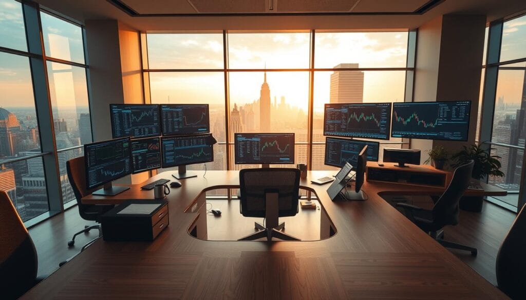 A sleek, modern office setting with a large wooden desk showcasing an array of high-tech trading tools and displays. On the desk, various screens display real-time stock charts, market data, and AI-driven analysis. In the background, floor-to-ceiling windows offer a panoramic view of a bustling city skyline bathed in warm, golden light. The atmosphere exudes an air of professionalism, innovation, and success, exemplifying the cutting-edge advancements in AI-powered stock trading algorithms that are revolutionizing the financial markets. A sleek, modern office setting with a large wooden desk showcasing an array of high-tech trading tools and displays. On the desk, various screens display real-time stock charts, market data, and AI-driven analysis. In the background, floor-to-ceiling windows offer a panoramic view of a bustling city skyline bathed in warm, golden light. The atmosphere exudes an air of professionalism, innovation, and success, exemplifying the cutting-edge advancements in AI-powered stock trading algorithms that are revolutionizing the financial markets.