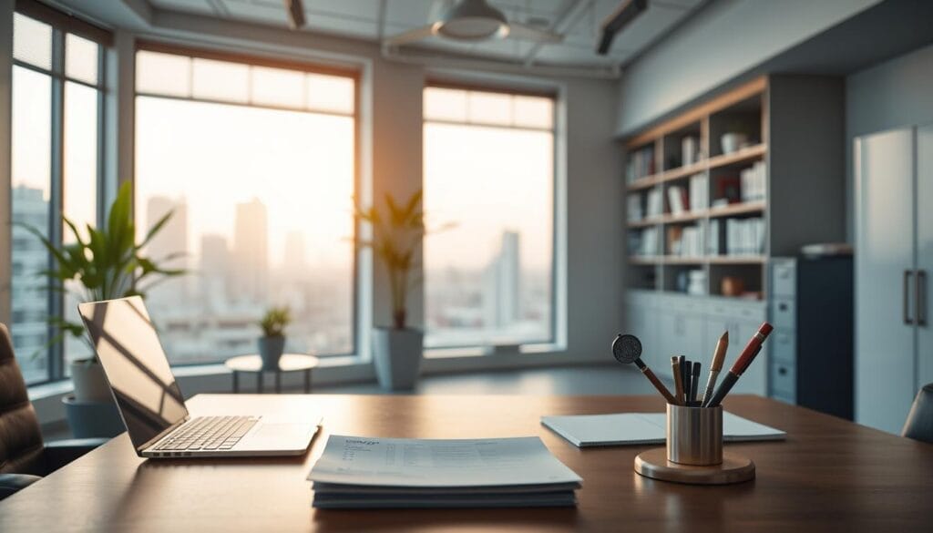 A sleek, modern office setting with a mid-century inspired interior. In the foreground, a desk with a laptop, papers, and a pen holder displaying various security compliance certifications. The middle ground features a large window overlooking a cityscape, casting a warm glow and highlighting a potted plant. In the background, bookshelves and filing cabinets suggest an organized, professional atmosphere focused on data security and regulatory standards. Soft, directional lighting illuminates the scene, creating depth and emphasizing the attention to detail in this AI-powered compliance management workspace.