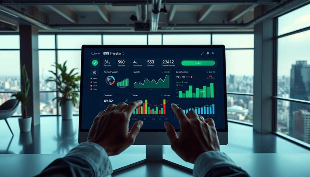 A sleek, modern office setting with a stylized financial dashboard on a computer screen. In the foreground, a person's hands manipulating the dashboard, customizing various ESG investment options and portfolio allocations. The dashboard displays interactive charts, graphs, and data visualizations showcasing sustainable investment metrics and performance. The mid-ground features a minimalist, well-lit workspace with subtle industrial touches - exposed beams, concrete floors, and large windows overlooking a cityscape. The background is a panoramic view of a bustling urban landscape, communicating the global, interconnected nature of ESG investing. The overall mood is one of efficiency, thoughtfulness, and a sense of positive impact.