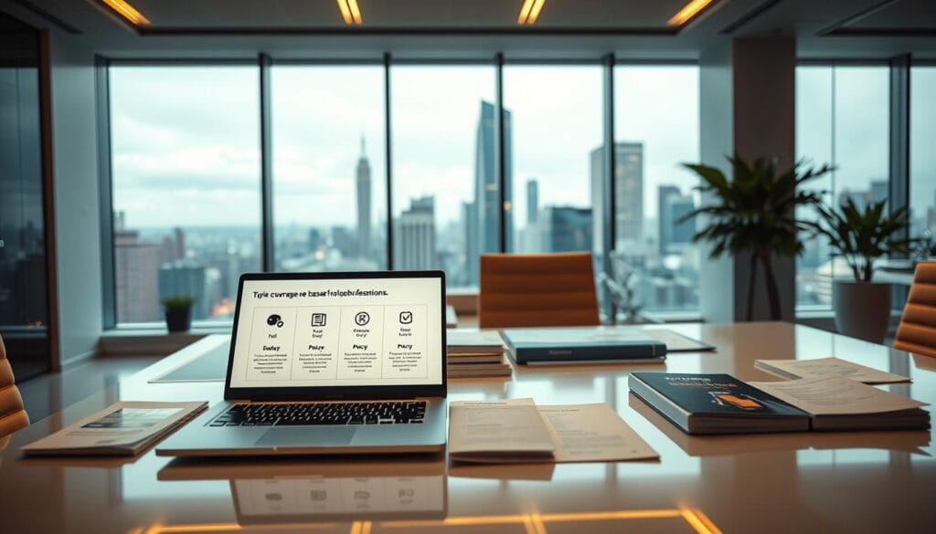 A sleek, modern office setting with a well-lit desk displaying various customizable insurance plan options for global professionals. In the foreground, a laptop screen showcases an interactive interface allowing the user to tailor coverage based on individual needs, with icons representing different policy features. The middle ground features neatly organized physical documents and brochures, conveying the breadth of available plans. The background depicts a panoramic window overlooking a vibrant cityscape, symbolizing the international nature of the insurance services. The scene is bathed in a warm, inviting lighting that creates an atmosphere of professionalism and reliability. A sleek, modern office setting with a well-lit desk displaying various customizable insurance plan options for global professionals. In the foreground, a laptop screen showcases an interactive interface allowing the user to tailor coverage based on individual needs, with icons representing different policy features. The middle ground features neatly organized physical documents and brochures, conveying the breadth of available plans. The background depicts a panoramic window overlooking a vibrant cityscape, symbolizing the international nature of the insurance services. The scene is bathed in a warm, inviting lighting that creates an atmosphere of professionalism and reliability.