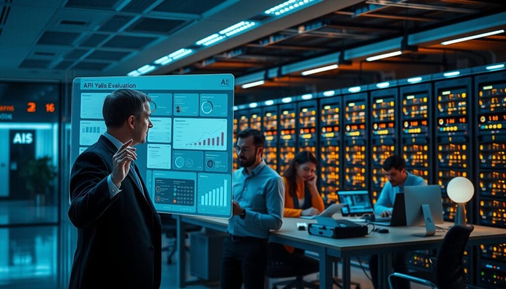 A sleek, modern office setting with an AI-powered loan evaluation process unfolding. In the foreground, a user interacts with a holographic interface, navigating through loan application details displayed in a clean, minimal layout. The middle ground features a team of analysts poring over data visualizations and AI-generated insights, their expressions focused and determined. In the background, a vast array of servers and computing infrastructure hums with activity, casting a warm, technological glow over the scene. Muted lighting and a cool color palette convey a sense of efficiency, innovation, and the future of personal finance. A sleek, modern office setting with an AI-powered loan evaluation process unfolding. In the foreground, a user interacts with a holographic interface, navigating through loan application details displayed in a clean, minimal layout. The middle ground features a team of analysts poring over data visualizations and AI-generated insights, their expressions focused and determined. In the background, a vast array of servers and computing infrastructure hums with activity, casting a warm, technological glow over the scene. Muted lighting and a cool color palette convey a sense of efficiency, innovation, and the future of personal finance.