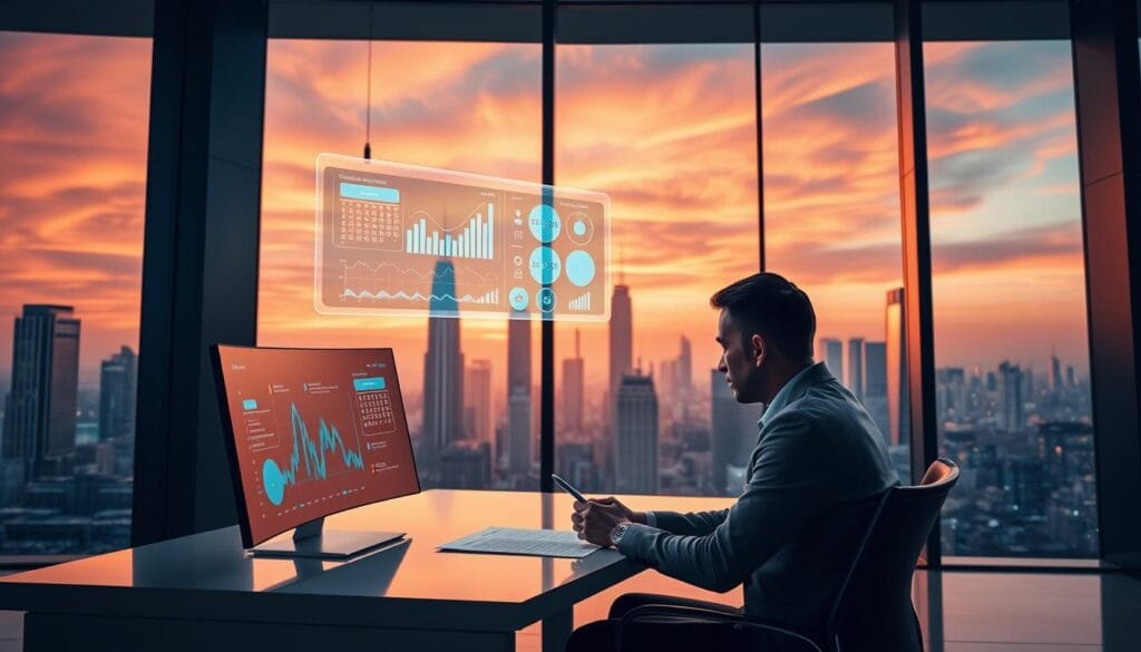 A sleek, modern office setting with an expansive, glass-walled view overlooking a bustling city skyline. In the foreground, a well-dressed executive sits at a minimalist desk, intently studying a financial report displayed on a curved, high-resolution monitor. The lighting is a soft, warm glow, creating an atmosphere of focus and contemplation. In the middle ground, an interactive holographic display hovers above the desk, showcasing complex data visualizations and risk analysis models. The background features rows of tall, angular skyscrapers silhouetted against a vibrant, sunset-colored sky, symbolizing the ever-changing, dynamic nature of the financial landscape. A sleek, modern office setting with an expansive, glass-walled view overlooking a bustling city skyline. In the foreground, a well-dressed executive sits at a minimalist desk, intently studying a financial report displayed on a curved, high-resolution monitor. The lighting is a soft, warm glow, creating an atmosphere of focus and contemplation. In the middle ground, an interactive holographic display hovers above the desk, showcasing complex data visualizations and risk analysis models. The background features rows of tall, angular skyscrapers silhouetted against a vibrant, sunset-colored sky, symbolizing the ever-changing, dynamic nature of the financial landscape.