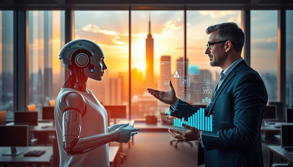 A sleek, modern office setting with large windows overlooking a vibrant cityscape. In the foreground, an AI assistant interacts with an insurance agent, displaying dynamic data visualizations on a holographic display. The agent gestures confidently, their expressions conveying a seamless collaboration between human and machine intelligence. In the middle ground, rows of desks and workstations suggest the efficient integration of AI-powered tools throughout the insurance workflow. The background features a towering skyscraper, symbolic of the industry's rapid digital transformation, bathed in a warm, optimistic glow of the setting sun. The overall scene conveys a sense of innovation, efficiency, and the profound impact of artificial intelligence on the future of the insurance industry. A sleek, modern office setting with large windows overlooking a vibrant cityscape. In the foreground, an AI assistant interacts with an insurance agent, displaying dynamic data visualizations on a holographic display. The agent gestures confidently, their expressions conveying a seamless collaboration between human and machine intelligence. In the middle ground, rows of desks and workstations suggest the efficient integration of AI-powered tools throughout the insurance workflow. The background features a towering skyscraper, symbolic of the industry's rapid digital transformation, bathed in a warm, optimistic glow of the setting sun. The overall scene conveys a sense of innovation, efficiency, and the profound impact of artificial intelligence on the future of the insurance industry.
