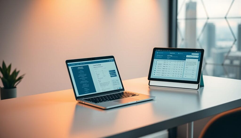 A sleek, modern office setup with a laptop, tablet, and AI-powered tax planning software displayed on the screens. A minimalist desk with a clean, white surface and a touch of greenery. Warm, directional lighting illuminates the scene, creating a professional yet inviting atmosphere. In the background, a blurred cityscape or abstract geometric pattern suggests the advanced technology powering these AI tax tools. The overall impression conveys efficiency, productivity, and the seamless integration of AI into the freelancer's workflow. A sleek, modern office setup with a laptop, tablet, and AI-powered tax planning software displayed on the screens. A minimalist desk with a clean, white surface and a touch of greenery. Warm, directional lighting illuminates the scene, creating a professional yet inviting atmosphere. In the background, a blurred cityscape or abstract geometric pattern suggests the advanced technology powering these AI tax tools. The overall impression conveys efficiency, productivity, and the seamless integration of AI into the freelancer's workflow.
