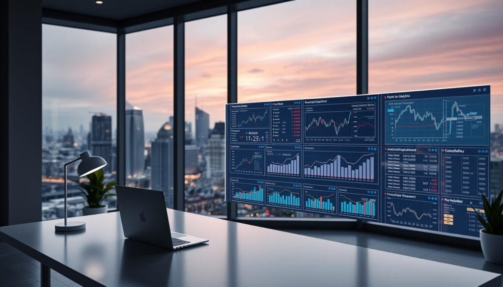 A sleek, modern office space with a large window overlooking a dynamic city skyline. The foreground features a minimalist desk with a laptop, a stylish lamp, and a potted plant. On the desk, a holographic display projects a visually striking financial dashboard, complete with real-time stock tickers, performance graphs, and investment strategies. The middle ground showcases a sophisticated, algorithm-driven portfolio management system, with data visualizations and complex models running on multiple screens. The background is softly lit, creating a sense of tranquility and focus, allowing the viewer to immerse themselves in the world of automated, data-driven investment management.