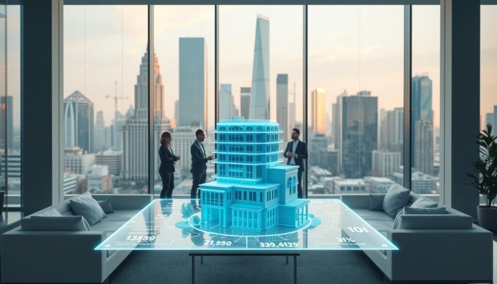 A sleek, modern office space with large windows overlooking a bustling city skyline. In the foreground, a holographic display showcases a 3D model of a tokenized real estate property, its various features and financial details floating in the air. Beside it, a team of investors are gathered, analyzing the investment opportunities with keen interest. The middle ground features clean, minimalist furniture and decor, creating a professional yet inviting atmosphere. The background depicts the city's iconic skyscrapers, bathed in warm, golden lighting that reflects the promising future of this innovative investment approach.