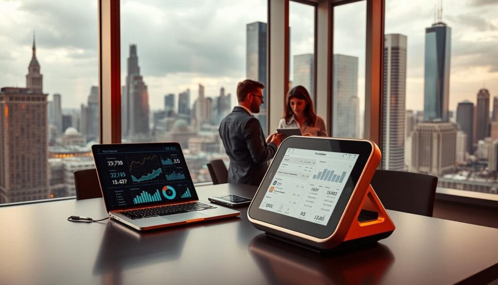 A sleek, modern office space with large windows overlooking a cityscape. In the foreground, a desk with a laptop and tablet displaying various financial charts and graphs. Next to the laptop, a sophisticated-looking AI assistant device with a glowing interface. The middleground features several people reviewing loan options on their screens, engaged in animated discussion. The background showcases an array of skyscrapers and high-tech buildings, creating an atmosphere of innovation and progress. Warm, directional lighting creates a sense of professionalism and productivity. The overall scene conveys an efficient, data-driven process for comparing and securing the best loan options using advanced AI tools.