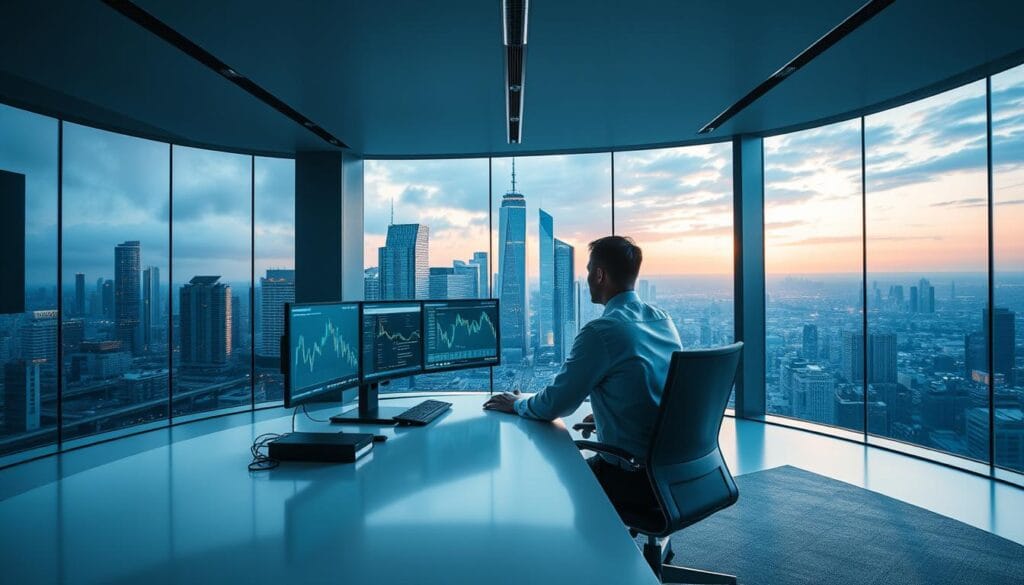 A sleek, modern office with floor-to-ceiling windows overlooking a bustling city skyline. In the foreground, an executive sits at a minimalist desk, intently analyzing financial data displayed on a series of high-resolution monitors. The lighting is soft and directional, casting subtle shadows that accentuate the contours of the desk and the executive's focused expression. In the middle ground, the room is filled with cutting-edge technology, including AI-powered analytics tools and machine learning algorithms that process vast amounts of financial data in real-time. The background features a panoramic view of the city, with skyscrapers and a vibrant, futuristic landscape, symbolizing the integration of AI and finance in the modern world. A sleek, modern office with floor-to-ceiling windows overlooking a bustling city skyline. In the foreground, an executive sits at a minimalist desk, intently analyzing financial data displayed on a series of high-resolution monitors. The lighting is soft and directional, casting subtle shadows that accentuate the contours of the desk and the executive's focused expression. In the middle ground, the room is filled with cutting-edge technology, including AI-powered analytics tools and machine learning algorithms that process vast amounts of financial data in real-time. The background features a panoramic view of the city, with skyscrapers and a vibrant, futuristic landscape, symbolizing the integration of AI and finance in the modern world.