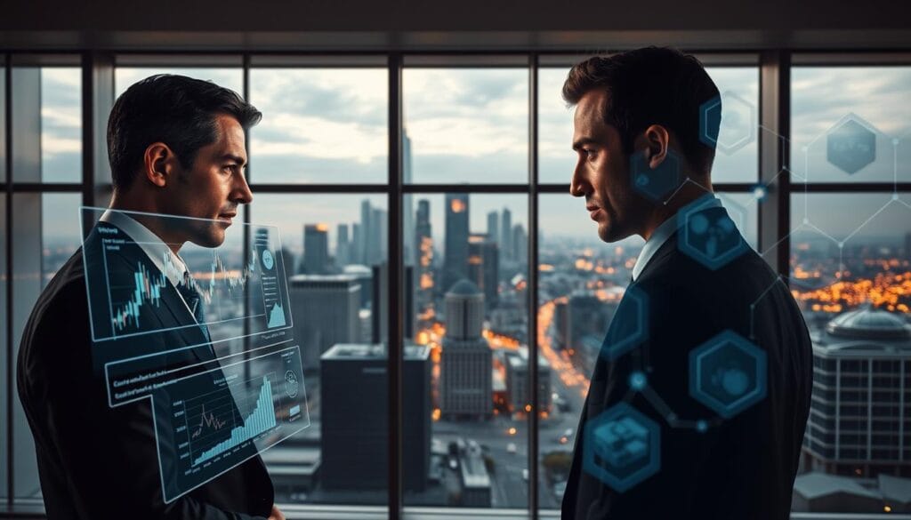 A sleek, modern office with floor-to-ceiling windows overlooking a bustling city skyline. In the foreground, a well-dressed financial analyst intently studies a holographic display of stock charts and market data, their brow furrowed in concentration. Surrounding them, an array of intelligent software agents, represented as glowing, geometric constructs, analyze the data and provide real-time insights. The middle ground features a panoramic view of the city, with towering skyscrapers and sleek, autonomous vehicles navigating the streets below. Soft, directional lighting casts a warm, futuristic glow over the scene, conveying a sense of technological sophistication and the seamless integration of AI into the world of portfolio management.