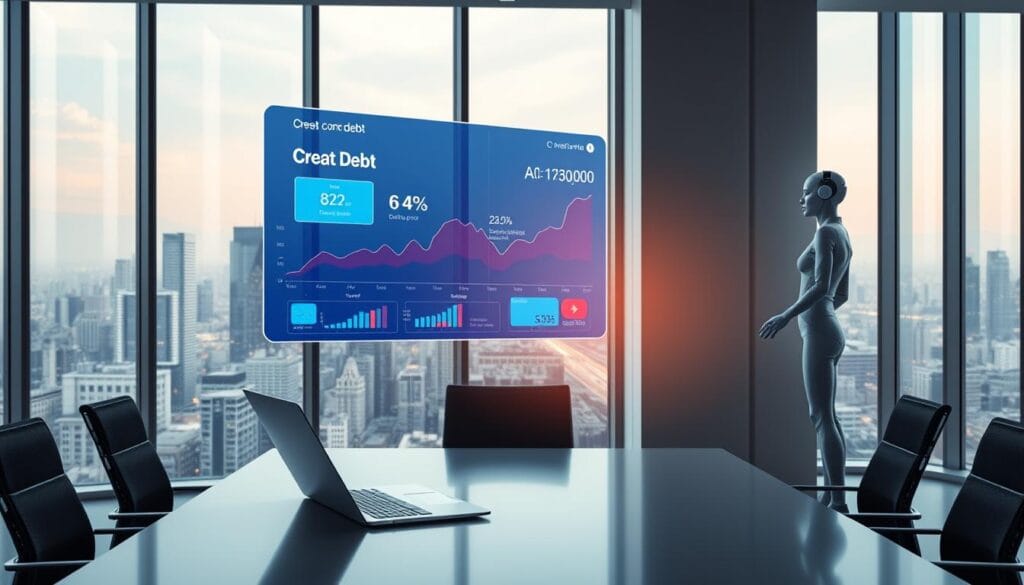 A sleek, modern office with large windows overlooking a bustling city skyline. In the foreground, a floating holographic interface displays real-time credit card debt data, with colorful graphs and charts updating dynamically. The middle ground features a desk with a high-tech laptop, its screen mirroring the debt visualization. In the background, an AI assistant stands ready, offering tailored debt management strategies to the user. Soft, directional lighting illuminates the scene, creating a sense of technological progress and financial empowerment. The atmosphere is one of precision, control, and a glimpse into the future of personal finance.