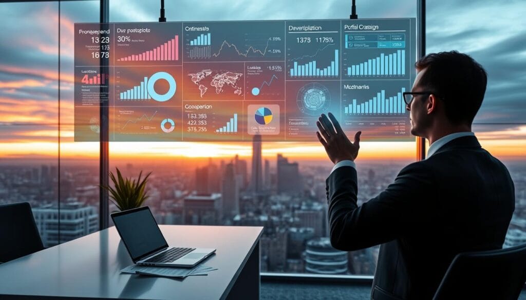 A sleek, modern office workspace with a large holographic display showing various portfolio optimization tools. In the foreground, a person in a business suit interacts with the display, manipulating data visualizations and charts with hand gestures. The middle ground features a minimalist desk with a laptop, financial reports, and a potted plant. The background depicts a panoramic city skyline, with skyscrapers and a vibrant sunset sky. The overall scene conveys a sense of technological innovation, financial analysis, and balanced portfolio optimization.