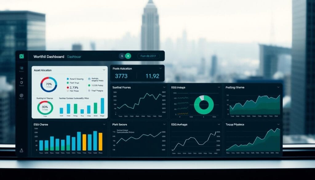 A sleek, modern portfolio dashboard for Wealthfront's ESG-focused investment platform. In the foreground, a clean interface displays asset allocation, performance metrics, and ESG impact scores across various sectors and sustainability themes. Detailed charts and graphs fill the middle ground, conveying the portfolio's diversification and responsible investment strategies. The background is a soft, blurred cityscape, hinting at the real-world impact of these sustainable investments. Cool, muted tones create a professional, trustworthy atmosphere, while strategic use of lighting and camera angles emphasizes the dashboard's intuitive design and cutting-edge technology.