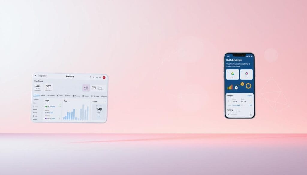 A sleek, modern portfolio management app with an intuitive user interface floats against a serene, pastel-hued background. In the foreground, a minimalist dashboard presents key financial metrics at a glance, with clean iconography and smooth transitions between screens. The middle ground showcases a guided onboarding process, walking the user through seamless account setup and investment customization under soft, diffused lighting. In the background, abstract geometric patterns subtly suggest the app's data-driven algorithms and secure, cloud-based infrastructure, creating an overall sense of simplicity, efficiency, and trust. A sleek, modern portfolio management app with an intuitive user interface floats against a serene, pastel-hued background. In the foreground, a minimalist dashboard presents key financial metrics at a glance, with clean iconography and smooth transitions between screens. The middle ground showcases a guided onboarding process, walking the user through seamless account setup and investment customization under soft, diffused lighting. In the background, abstract geometric patterns subtly suggest the app's data-driven algorithms and secure, cloud-based infrastructure, creating an overall sense of simplicity, efficiency, and trust.