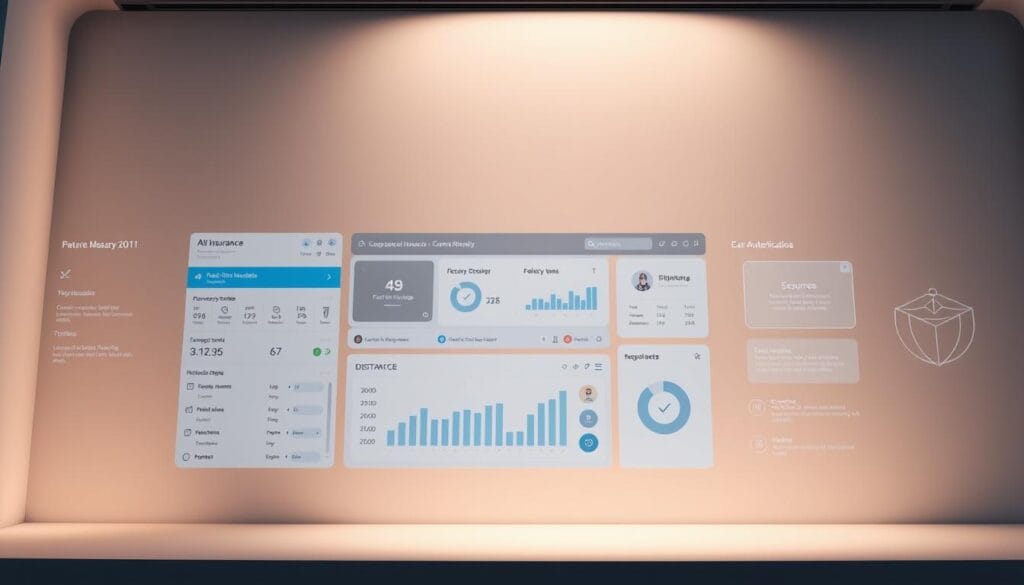 A sleek, modern software interface illuminated by soft, indirect lighting, showcasing various insurance-related features and functionalities. In the foreground, a dashboard displays real-time policy data, coverage details, and claims information. The middle ground features intuitive navigation menus, customizable analytics visualizations, and secure authentication options. The background depicts a clean, minimalist design with subtle textures and gradients, creating a sense of professionalism and digital sophistication. The overall atmosphere evokes a seamless, user-friendly experience tailored for the digital insurance landscape.