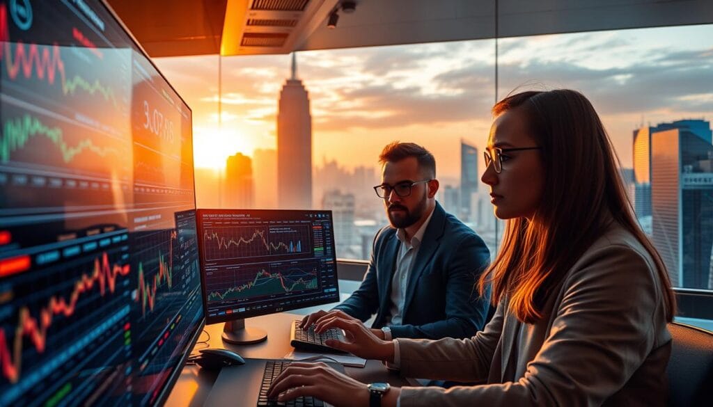 A sleek, modern trading platform interface with a futuristic aesthetic. In the foreground, a series of interactive charts, graphs, and data visualizations showcasing real-time market trends and AI-driven trading signals. The middle ground features a team of retail traders intently focused on their screens, their expressions a mix of concentration and anticipation. In the background, a panoramic view of a bustling financial district, skyscrapers gleaming under the soft glow of a sunset. Warm lighting bathes the scene, creating a sense of energy and dynamism. The overall composition conveys the power and potential of AI-augmented trading systems empowering the next generation of retail investors. A sleek, modern trading platform interface with a futuristic aesthetic. In the foreground, a series of interactive charts, graphs, and data visualizations showcasing real-time market trends and AI-driven trading signals. The middle ground features a team of retail traders intently focused on their screens, their expressions a mix of concentration and anticipation. In the background, a panoramic view of a bustling financial district, skyscrapers gleaming under the soft glow of a sunset. Warm lighting bathes the scene, creating a sense of energy and dynamism. The overall composition conveys the power and potential of AI-augmented trading systems empowering the next generation of retail investors.