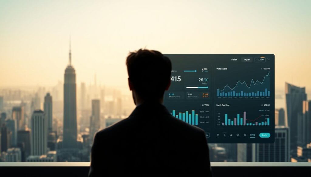 A sleek, sophisticated investment platform interface set against a clean, minimalist backdrop. In the foreground, a seamless blend of human and automated advisory elements - a stylized user avatar interacts with interactive data visualizations and performance graphs. The middle ground features customizable portfolio management tools, with intuitive sliders and toggles. The background showcases a panoramic city skyline, bathed in soft, natural lighting, conveying a sense of progress and prosperity. The overall mood is one of advanced financial technology, personal control, and a hybrid approach to wealth management. A sleek, sophisticated investment platform interface set against a clean, minimalist backdrop. In the foreground, a seamless blend of human and automated advisory elements - a stylized user avatar interacts with interactive data visualizations and performance graphs. The middle ground features customizable portfolio management tools, with intuitive sliders and toggles. The background showcases a panoramic city skyline, bathed in soft, natural lighting, conveying a sense of progress and prosperity. The overall mood is one of advanced financial technology, personal control, and a hybrid approach to wealth management.