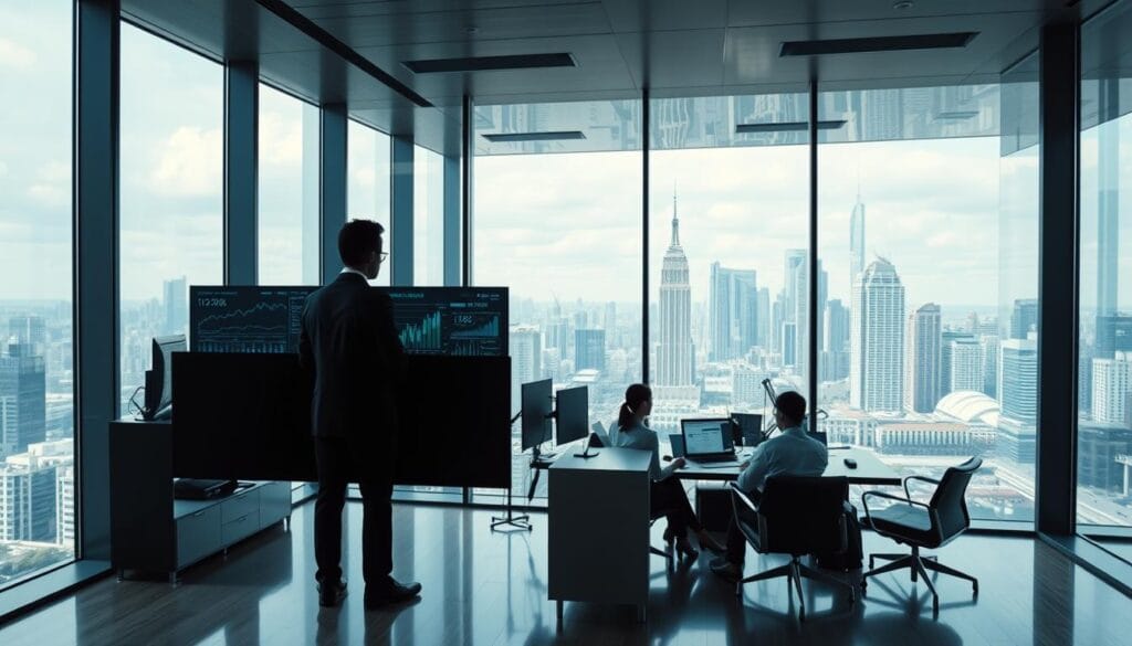 A sleek, ultramodern office interior with floor-to-ceiling windows overlooking a bustling financial district. In the foreground, a sophisticated, minimalist workspace with a dual-screen computer setup and an array of high-tech investment analysis tools. A well-dressed professional stands before the screens, deep in concentration, surrounded by abstract data visualizations and real-time market indicators. The middle ground features a team of financial analysts collaborating on advanced portfolio optimization algorithms, while the background showcases the urban skyline, symbolic of the seamless integration of human expertise and cutting-edge technology in the automated investment process. A sleek, ultramodern office interior with floor-to-ceiling windows overlooking a bustling financial district. In the foreground, a sophisticated, minimalist workspace with a dual-screen computer setup and an array of high-tech investment analysis tools. A well-dressed professional stands before the screens, deep in concentration, surrounded by abstract data visualizations and real-time market indicators. The middle ground features a team of financial analysts collaborating on advanced portfolio optimization algorithms, while the background showcases the urban skyline, symbolic of the seamless integration of human expertise and cutting-edge technology in the automated investment process.