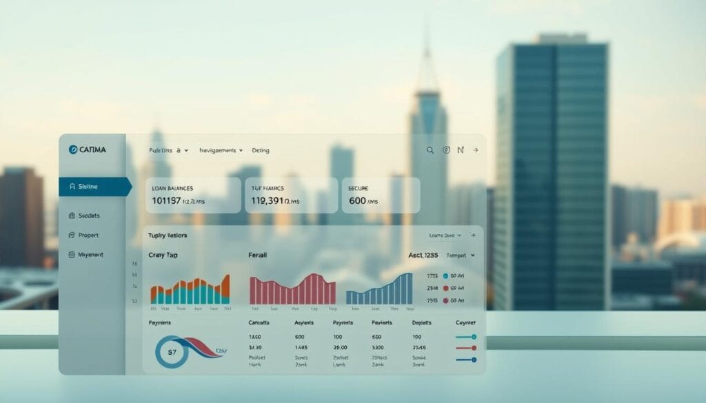 A sleek, user-friendly loan management interface showcasing a clean, minimalist design. The foreground features a dashboard with intuitive data visualizations, interactive graphs, and clear progress indicators for loan balances, repayment schedules, and payment history. The mid-ground presents a smooth, seamless flow of navigation menus, filtering options, and secure transaction tools. In the background, a softly blurred cityscape sets a modern, technology-forward atmosphere, with hints of skyscrapers and urban infrastructure. Warm, natural lighting illuminates the interface, creating a sense of approachability and ease of use. The overall impression is one of efficiency, clarity, and a delightful digital experience for managing student loans. A sleek, user-friendly loan management interface showcasing a clean, minimalist design. The foreground features a dashboard with intuitive data visualizations, interactive graphs, and clear progress indicators for loan balances, repayment schedules, and payment history. The mid-ground presents a smooth, seamless flow of navigation menus, filtering options, and secure transaction tools. In the background, a softly blurred cityscape sets a modern, technology-forward atmosphere, with hints of skyscrapers and urban infrastructure. Warm, natural lighting illuminates the interface, creating a sense of approachability and ease of use. The overall impression is one of efficiency, clarity, and a delightful digital experience for managing student loans.