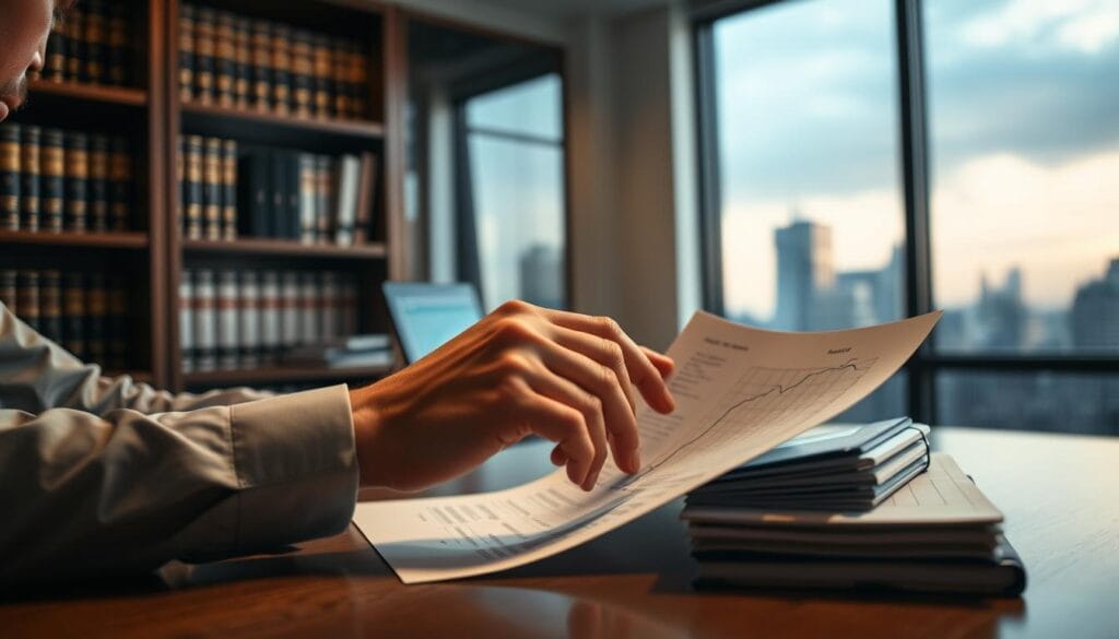 A solemn, businesslike office setting with a desk, laptop, and a stack of financial documents. The lighting is soft and warm, creating a contemplative atmosphere. In the foreground, a person's hands are carefully reviewing a chart, brow furrowed in concentration. The background is slightly blurred, with shelves of legal books and a window providing a view of a cityscape skyline. The overall mood conveys the importance and complexity of navigating the crypto wash sale rule strategies.