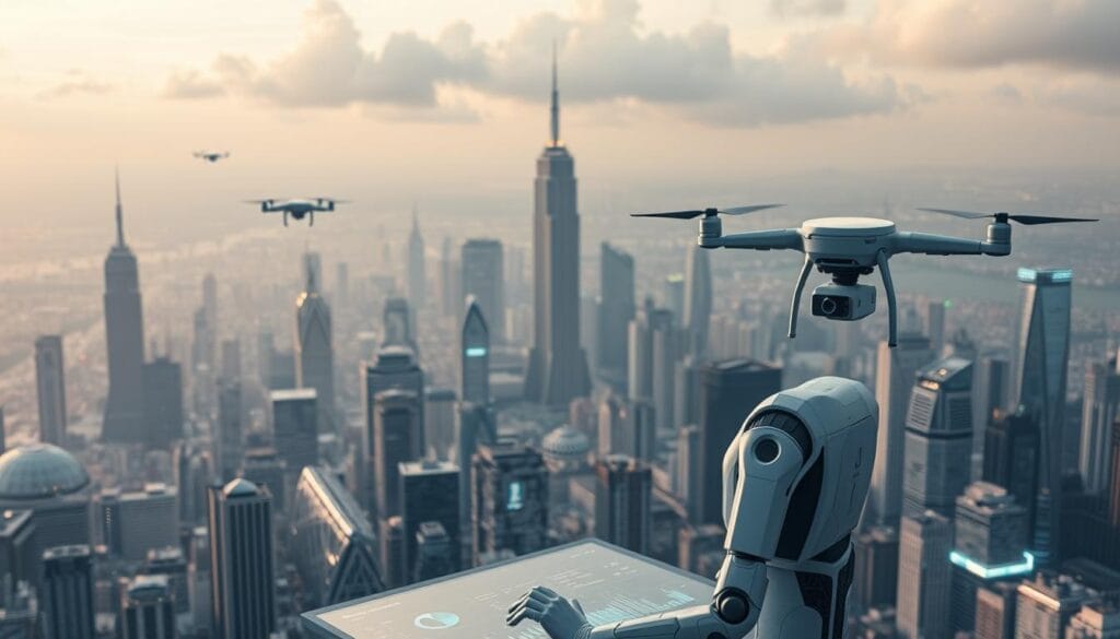 A sophisticated AI agent navigates a futuristic debt collection landscape, manipulating data streams and predictive algorithms to guide debtors toward optimal repayment strategies. In the foreground, a sleek holographic interface displays personalized financial insights, while in the middle ground, autonomous drones survey the cityscape, monitoring credit history and behavior. The background depicts a towering metropolis, its skyline punctuated by gleaming skyscrapers and data centers, symbolizing the integration of AI into every facet of modern finance. Soft, diffused lighting casts an air of technological elegance, underscoring the precision and efficiency of this new era of debt management. A sophisticated AI agent navigates a futuristic debt collection landscape, manipulating data streams and predictive algorithms to guide debtors toward optimal repayment strategies. In the foreground, a sleek holographic interface displays personalized financial insights, while in the middle ground, autonomous drones survey the cityscape, monitoring credit history and behavior. The background depicts a towering metropolis, its skyline punctuated by gleaming skyscrapers and data centers, symbolizing the integration of AI into every facet of modern finance. Soft, diffused lighting casts an air of technological elegance, underscoring the precision and efficiency of this new era of debt management.