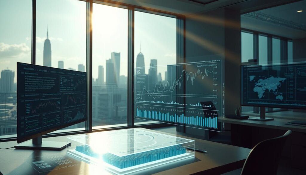 A sophisticated AI neural network analyzing complex financial data, its elegant interface displaying intricate graphs and charts in a sleek, minimalist workspace. Rays of warm, natural light pour in through large windows, casting a contemplative ambiance over the scene. In the foreground, a 3D holographic projection hovers, showcasing detailed forecasts and predictions. The background features a cityscape of towering skyscrapers, hinting at the global scale and far-reaching implications of this cutting-edge technology. The overall composition conveys a sense of advanced capabilities, technological sophistication, and the transformative power of AI-driven financial analysis. A sophisticated AI neural network analyzing complex financial data, its elegant interface displaying intricate graphs and charts in a sleek, minimalist workspace. Rays of warm, natural light pour in through large windows, casting a contemplative ambiance over the scene. In the foreground, a 3D holographic projection hovers, showcasing detailed forecasts and predictions. The background features a cityscape of towering skyscrapers, hinting at the global scale and far-reaching implications of this cutting-edge technology. The overall composition conveys a sense of advanced capabilities, technological sophistication, and the transformative power of AI-driven financial analysis.