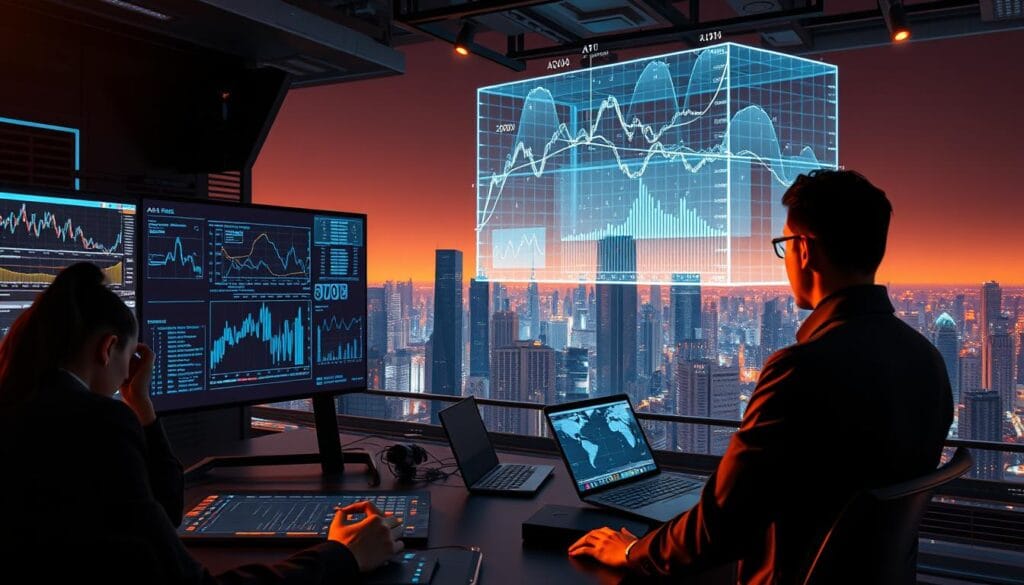 A sophisticated AI-powered financial forecasting system, with sleek digital displays and complex algorithms at work. In the foreground, a team of analysts poring over data visualizations, their faces illuminated by the glow of screens. In the middle ground, a holographic projection of financial models, curves and projections dancing in the air. The background is a futuristic cityscape, skyscrapers and hubs of technological innovation. Warm lighting bathes the scene, creating an atmosphere of precision, innovation and strategic foresight. The image conveys the power of AI to transform financial planning, unlocking insights and enabling organizations to plan ahead with confidence. A sophisticated AI-powered financial forecasting system, with sleek digital displays and complex algorithms at work. In the foreground, a team of analysts poring over data visualizations, their faces illuminated by the glow of screens. In the middle ground, a holographic projection of financial models, curves and projections dancing in the air. The background is a futuristic cityscape, skyscrapers and hubs of technological innovation. Warm lighting bathes the scene, creating an atmosphere of precision, innovation and strategic foresight. The image conveys the power of AI to transform financial planning, unlocking insights and enabling organizations to plan ahead with confidence.