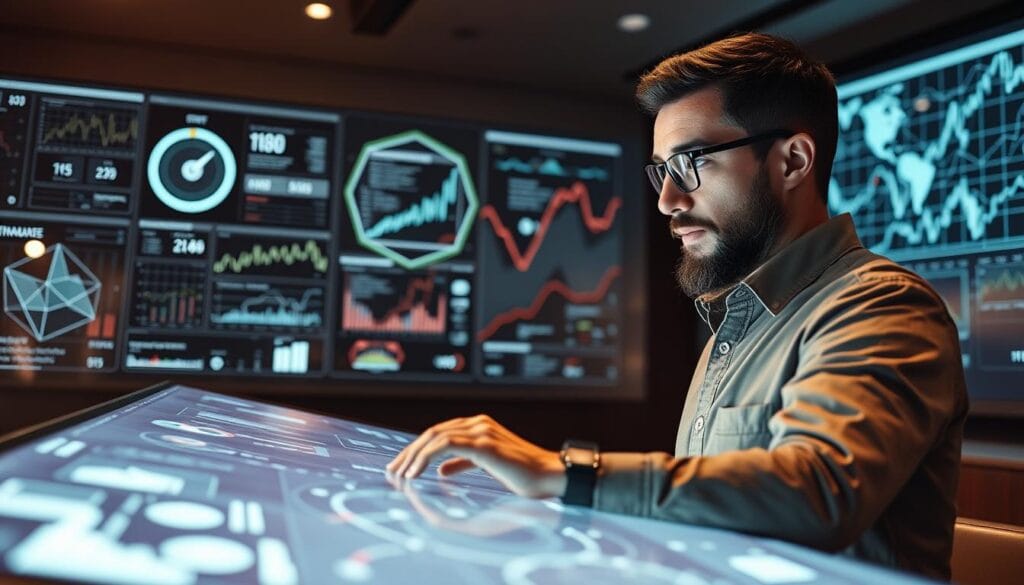 A sophisticated AI wealth management system takes center stage, its virtual interface displaying intricate financial data visualizations. In the foreground, a small business owner reviews personalized investment strategies on a sleek touchscreen console, expressions of concentration and confidence. The middle ground features AI-powered portfolio optimization algorithms, represented by abstract geometric shapes and flowing data streams. The background offers a glimpse of the future, with autonomous wealth management agents and intelligent automation tools seamlessly managing diverse financial portfolios. Warm ambient lighting, muted tones, and a sense of technological harmony convey the power and simplicity of AI-driven wealth management for small businesses. A sophisticated AI wealth management system takes center stage, its virtual interface displaying intricate financial data visualizations. In the foreground, a small business owner reviews personalized investment strategies on a sleek touchscreen console, expressions of concentration and confidence. The middle ground features AI-powered portfolio optimization algorithms, represented by abstract geometric shapes and flowing data streams. The background offers a glimpse of the future, with autonomous wealth management agents and intelligent automation tools seamlessly managing diverse financial portfolios. Warm ambient lighting, muted tones, and a sense of technological harmony convey the power and simplicity of AI-driven wealth management for small businesses.