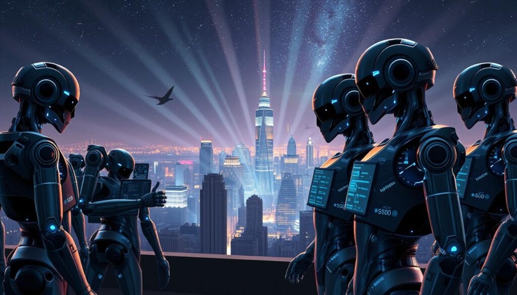 A sophisticated crypto landscape with robotic financial advisors in the foreground. Sleek, metallic figures in various poses, their digital screens displaying financial data and investment strategies. In the middle ground, a futuristic city skyline with towering skyscrapers and glowing holograms. The background features a starry night sky, with rays of digital light emanating from the scene. Cinematic lighting creates depth and drama, casting dramatic shadows and highlights on the robotic forms. The overall mood is one of advanced technology, innovation, and the future of finance.