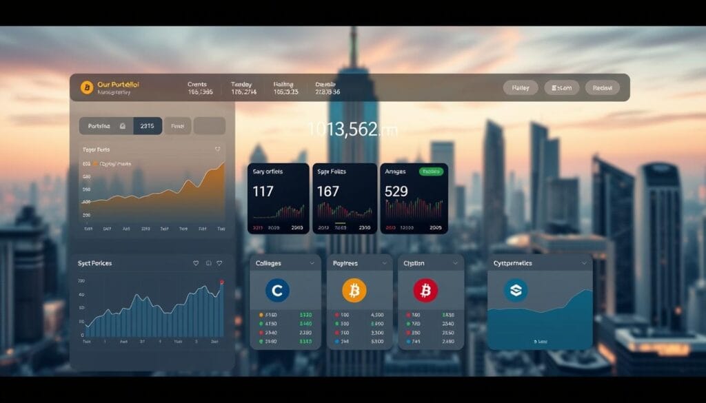A sophisticated cryptocurrency portfolio management dashboard, featuring a sleek user interface with interactive charts, detailed asset breakdowns, and real-time price updates. The foreground showcases a clean, minimalist design with intuitive data visualizations, allowing users to quickly assess their portfolio's performance. The middle ground depicts a series of cards displaying individual crypto holdings, their current values, and historical price trends. In the background, a softly blurred cityscape with skyscrapers and futuristic architecture suggests a sense of financial power and technological advancement. The overall atmosphere conveys a feeling of control, precision, and cutting-edge financial technology, suitable for the modern crypto investor.