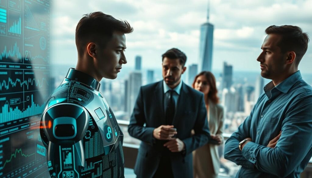 A sophisticated, cutting-edge AI system visualizing investment data and asset allocation strategies. In the foreground, a sleek, metallic AI interface displays a range of financial charts, graphs, and analytics. The middle ground features a team of analysts and portfolio managers engaged in deep discussion, their expressions thoughtful and focused. In the background, a panoramic cityscape with towering skyscrapers, symbolizing the vast, interconnected world of global finance. The lighting is cool and modern, with strategic highlights illuminating the key elements. The overall mood is one of innovation, precision, and the seamless integration of human and artificial intelligence in the pursuit of optimal investment outcomes. A sophisticated, cutting-edge AI system visualizing investment data and asset allocation strategies. In the foreground, a sleek, metallic AI interface displays a range of financial charts, graphs, and analytics. The middle ground features a team of analysts and portfolio managers engaged in deep discussion, their expressions thoughtful and focused. In the background, a panoramic cityscape with towering skyscrapers, symbolizing the vast, interconnected world of global finance. The lighting is cool and modern, with strategic highlights illuminating the key elements. The overall mood is one of innovation, precision, and the seamless integration of human and artificial intelligence in the pursuit of optimal investment outcomes.